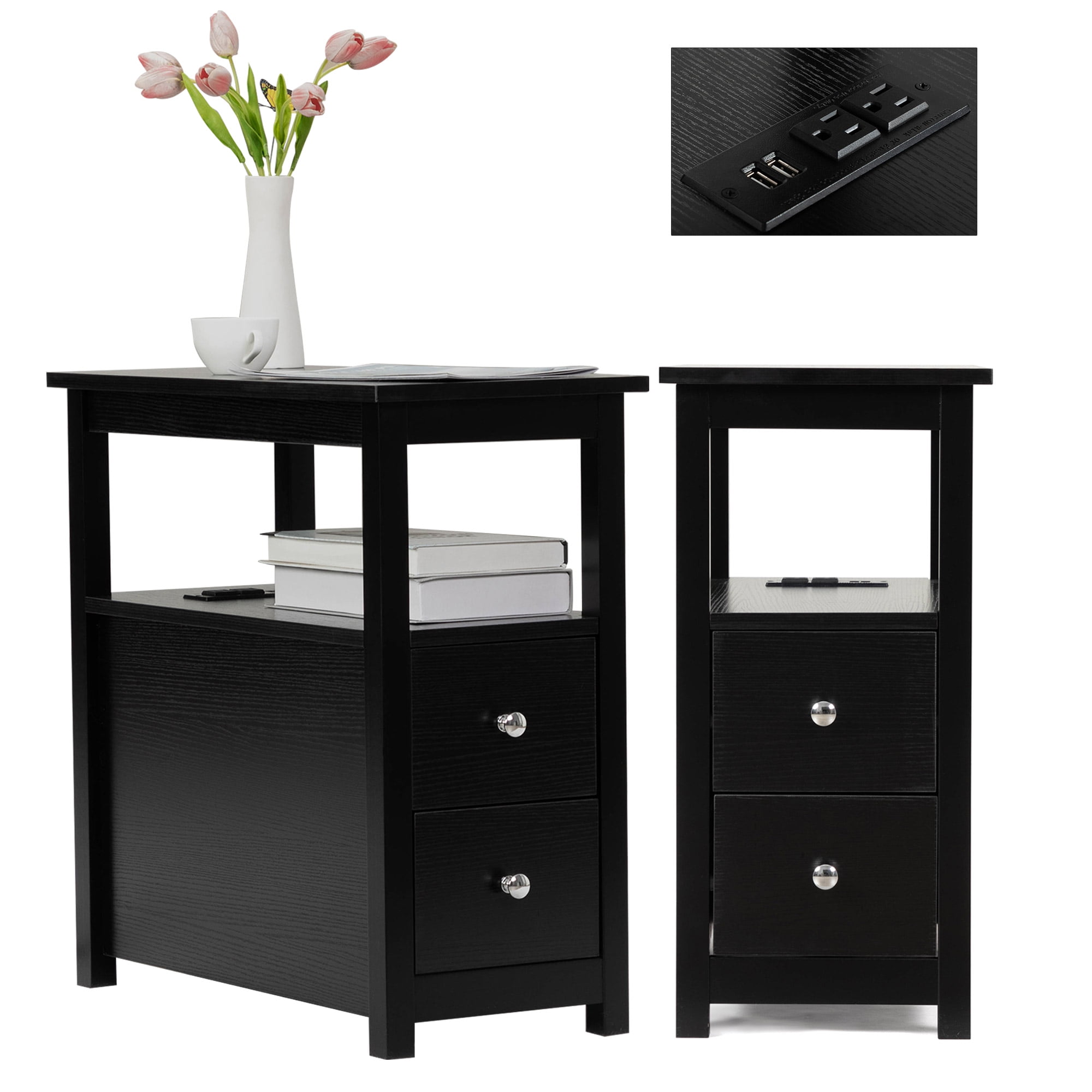 Sesslife Side Table with Drawers and Charging Station, Wood Narrow End