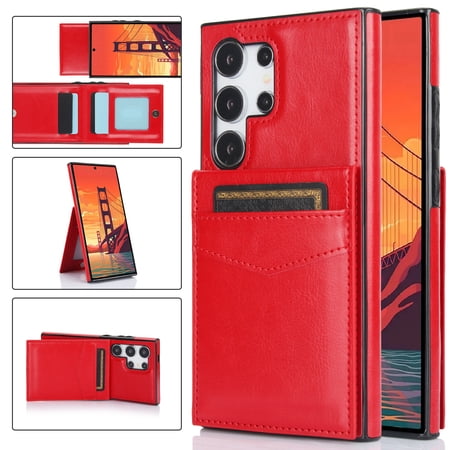 Wallet Case For Samsung Galaxy S25 Edge Premium PU Leather Card Holder Cover with Kickstand and 6 Credit Card Slots Shockproof Protective Bumper Flip Folio Phone Case for Women Men Red