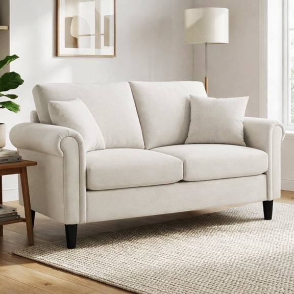 69" Comfy Seat Sofa with 2 Pillows, Small Couch for Living Room, Apartments & Dorms, Modern Linen Couches Sofa, White