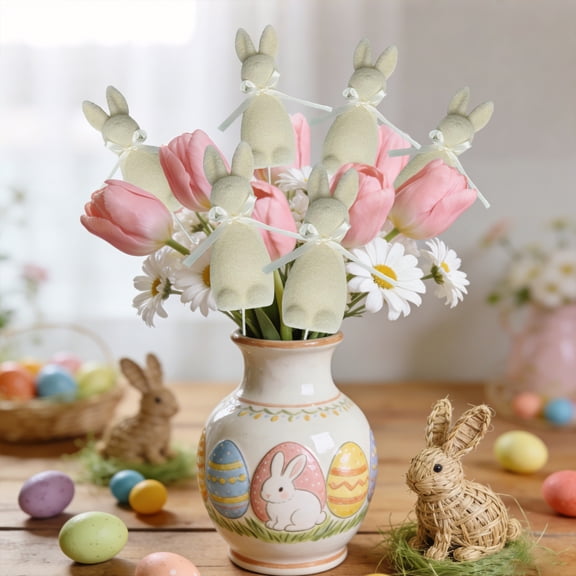 Antqov Easter Decoration, Small Easter Bunny Simulation Flocking Cutting, Cute Rabbits Embroidered Bow Branch Easter Decor for Home Party Holiday Supplies