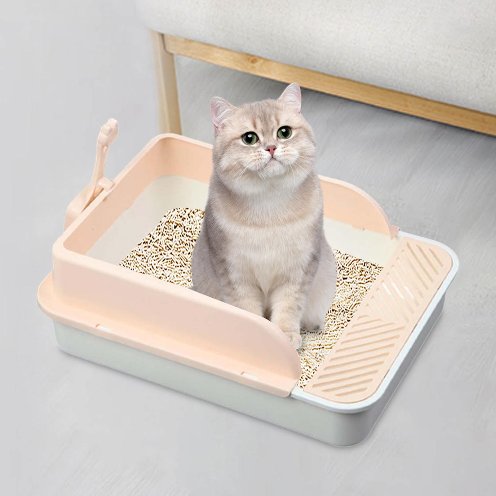 Cat Litter Tray Kitty Litter Pan Cat Sand Box Semi Enclosed Open Top Pet Kitten Toilet for Small Animals Easy to Clean, No Odor White and Pink XL
