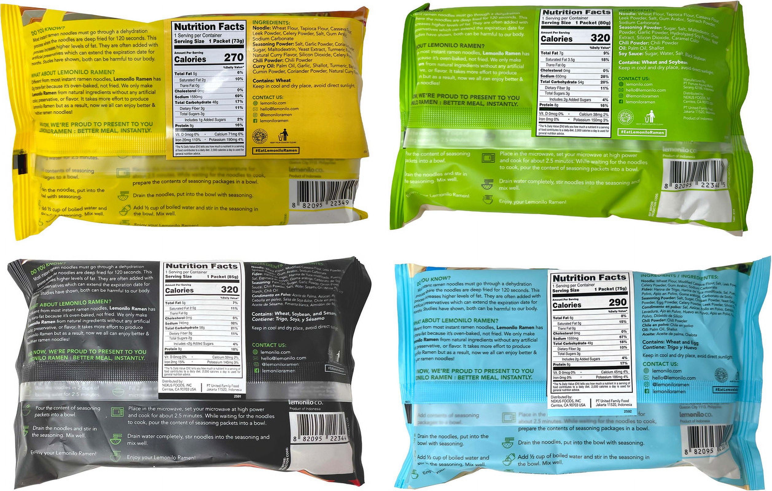 Ramen Soup Noodles 4 Flavor (2) Each: Chick'n Chow Mein, Chick'n Curry, Fire Chow Mein, Onion Chicken (2.65 Ounces) | Lemonilo |  + MerlinsMart Zine