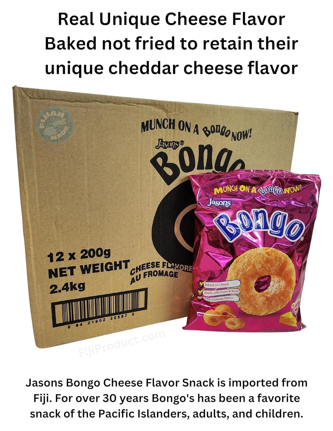 Fiji Snacks - Bongo Cheese Flavor Snacks (Case Pack Of 12 x 200g EA) Real Unique Cheese Flavor BOX - BUY " Family Size "