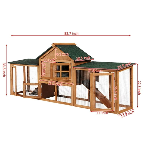 GloryStar Poulailler avec Enclos, Poulailler en Bois à 2 Niveaux avec Doubles Portes et Plateau Amovible, Cage à Volaille Extérieure Imperméable, Grande Niche Clapier pour Animaux de Compagnie pour Jardin Cour Arrière