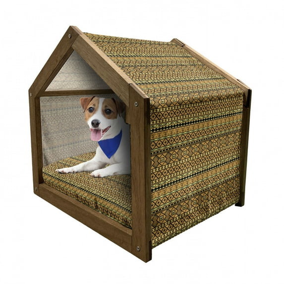 Tribal Pet House, Geometric Pattern with Origins Exotic Folk Influences, Outdoor & Indoor Portable Dog Kennel with Pillow and Cover, 5 Sizes, Amber Yellow and Black, by Ambesonne