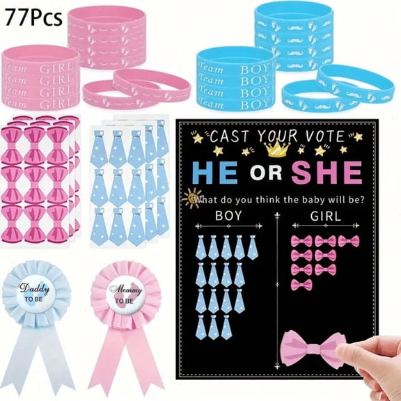 77 Pcs Gender Reveal Party Supplies, Boy or Girl Voting Kit Pink and Blue with Stickers Corsages Poster Wristbands for Baby Shower