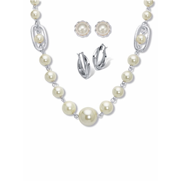 PalmBeach Jewelry Round Simulated Pearl Silvertone Graduated Necklace and Earrings Set, 18 inches plus 3 inch extension
