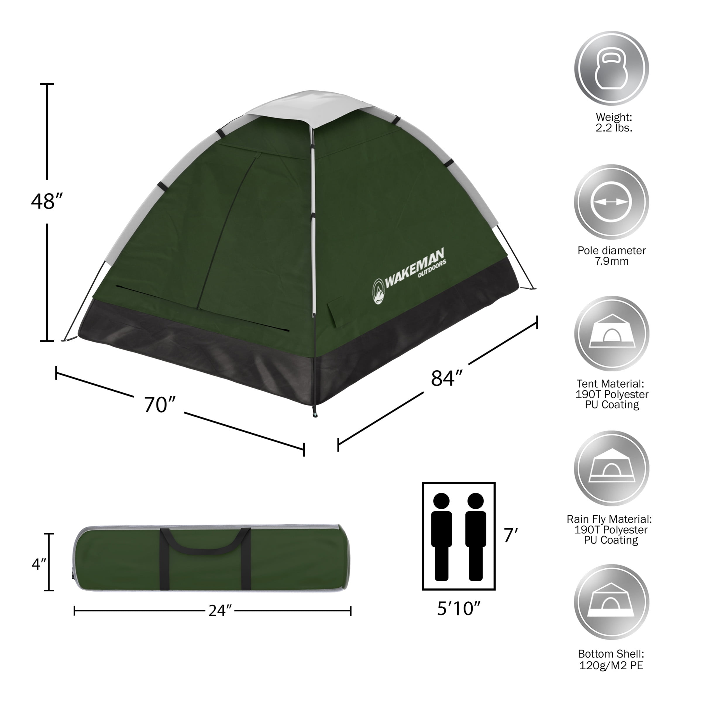 Wakeman Outdoors 2 Person Camping Tent with Rain Fly and Carry Bag for Camp Festivals or Beach, Green