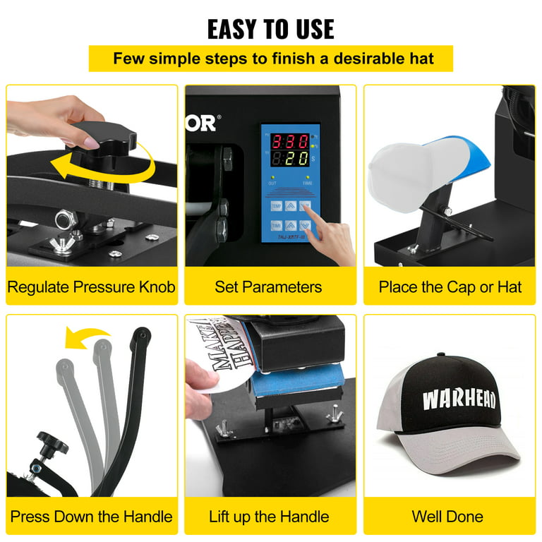 VEVORbrand Heat Press 6x3.75 inch Curved Element Hat Press Clamshell Design  Heat Press for Hats Rigid Steel Frame No Stick Digital LCD Timer and