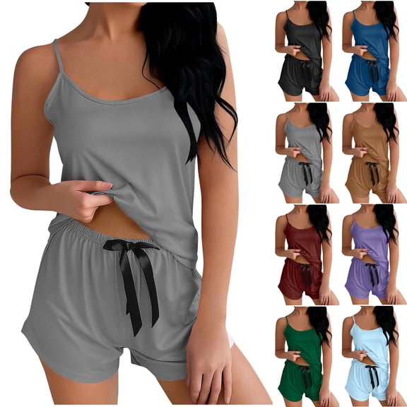 Juesizh Womens Pajamas Suspender Solid Color Short Sleepwear Set Soft Comfy Homewear 2 Piecce Pajamas, Gifts for Women, S-2XL