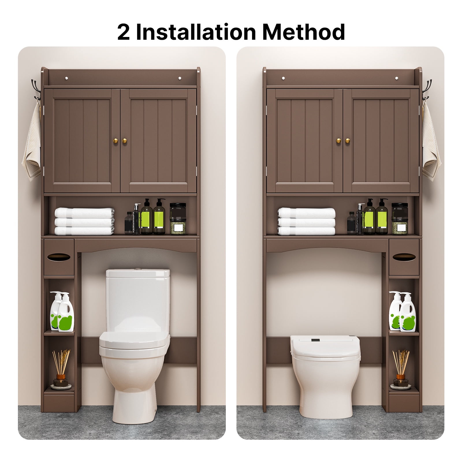 Noelse  Over the Toilet Storage Cabinet, Over Toilet Bathroom Organizer with 2 Doors, Adjustable Shelves, Toilet Paper Holder, 2 Side Hooks, Space-Saver for Bathroom, Laundry, Brown