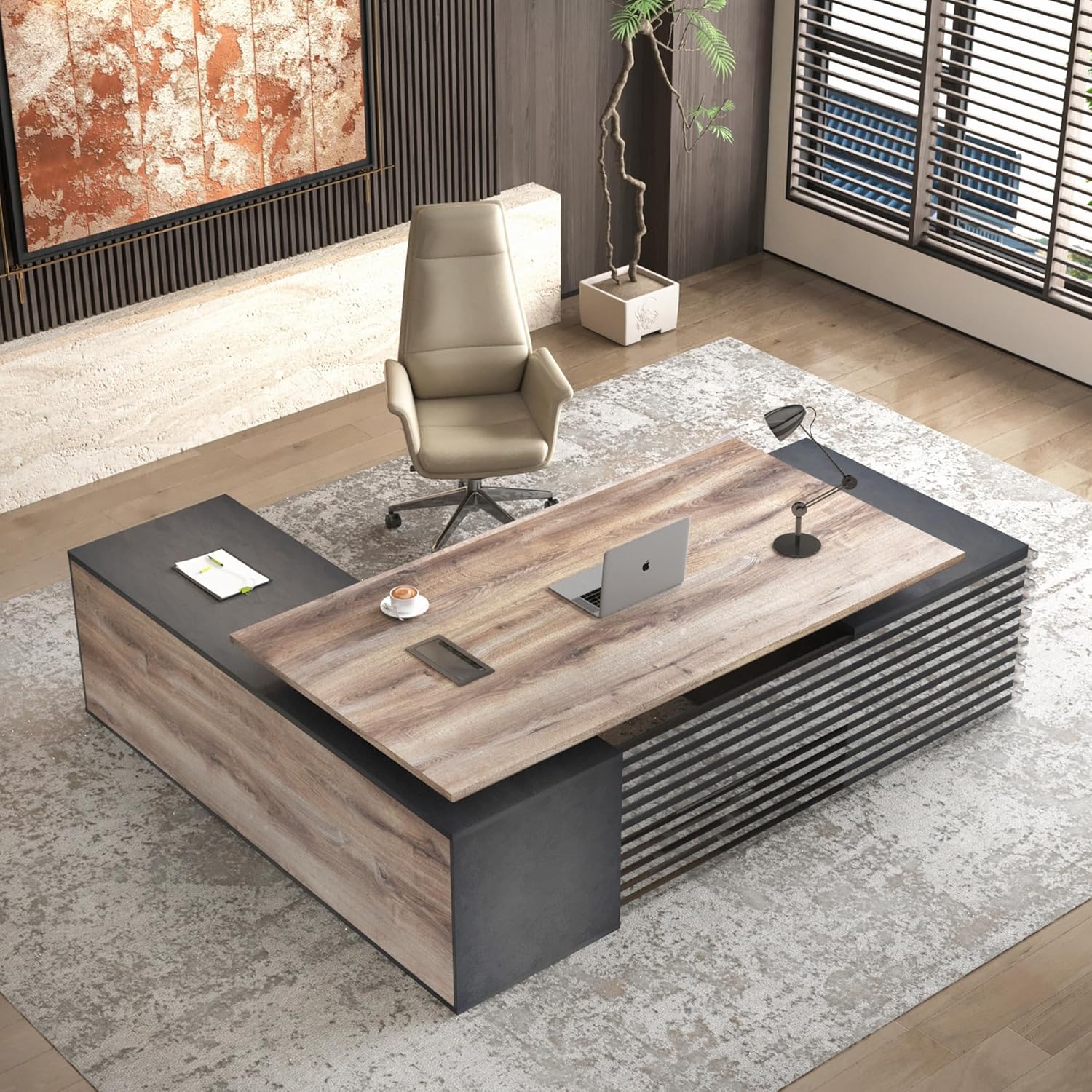 86.61inch L Shaped Adjustable Height Executive Desk with Cabinet