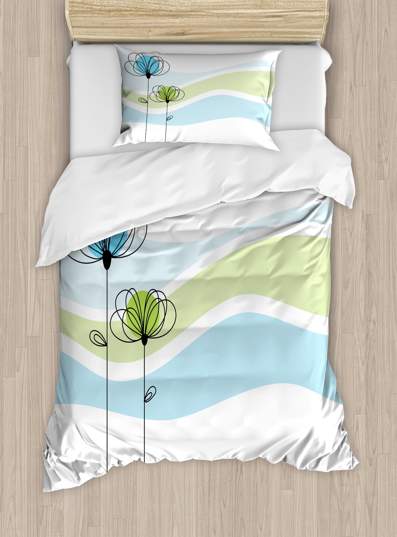 Doodle Duvet Cover Set Summer Flowers With Cute Colors And Wave