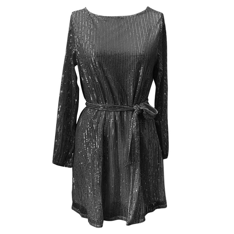 Prolriy Sequin Dress for Women Solid Autumn/Winter Round Neck Long