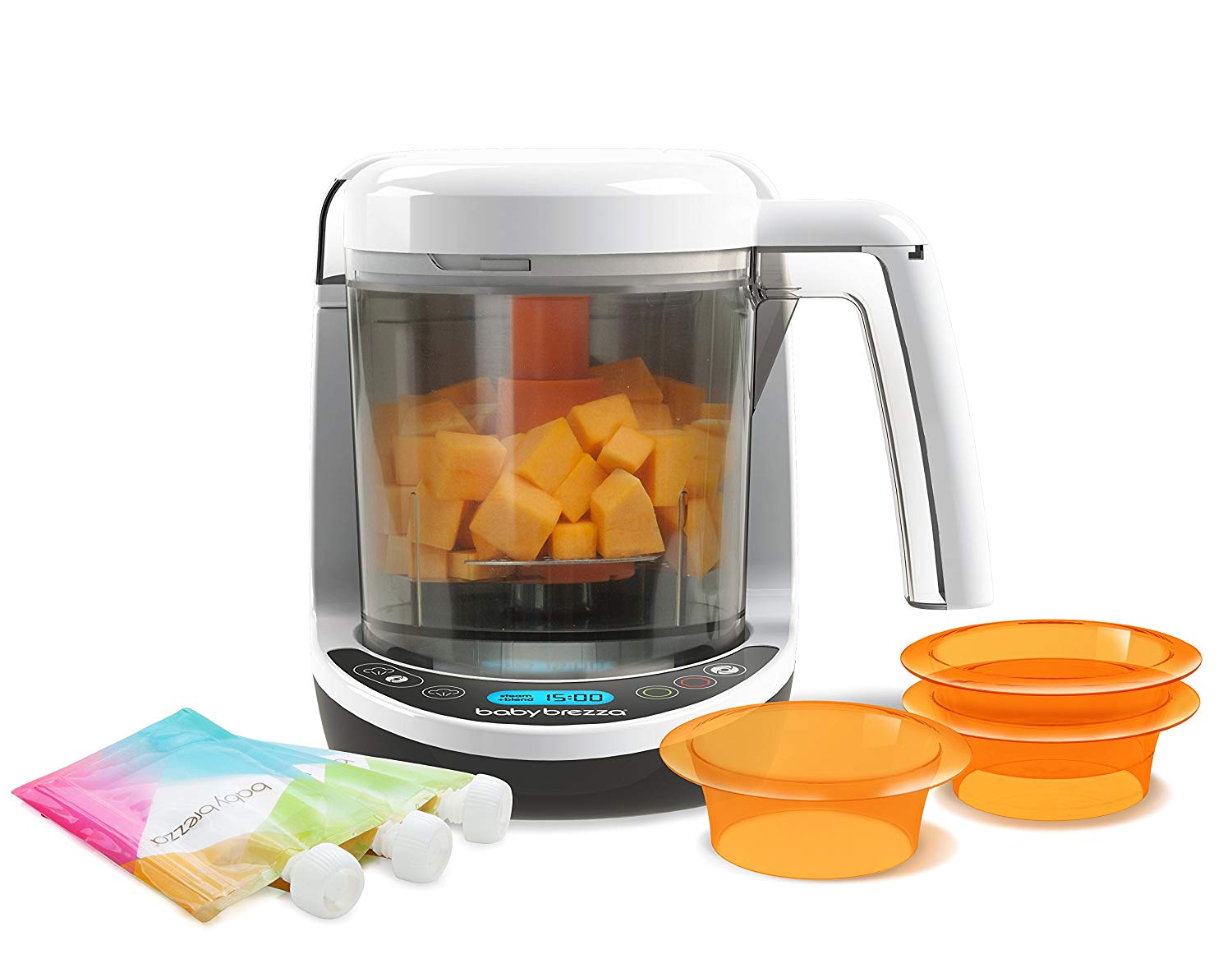 Baby Brezza One Step Food Maker, with 1 Baby Food Maker, 3 Reusable Food Pouches, 3 Easy-Fill Funnels, White