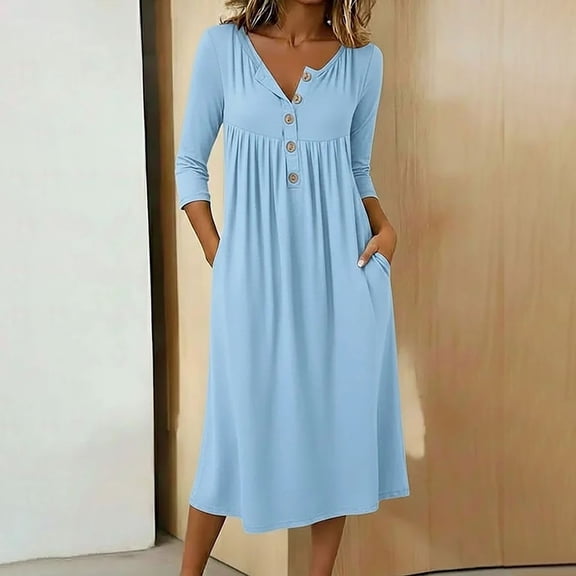 Roncen Women Button-Down Midi Dress, 3/4 Sleeve Smocked Waist Dress with Front Pockets