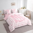 thumbnail image 3 of jejeloiu Initial Letter S Bedding Comforter Set 7-Piece,Kawaii Bowknot Boetie King Bedding Sets,Pink White Grid Bed Sheets For Girls,Breathable Bedroom Decoration Reversible, 3 of 8