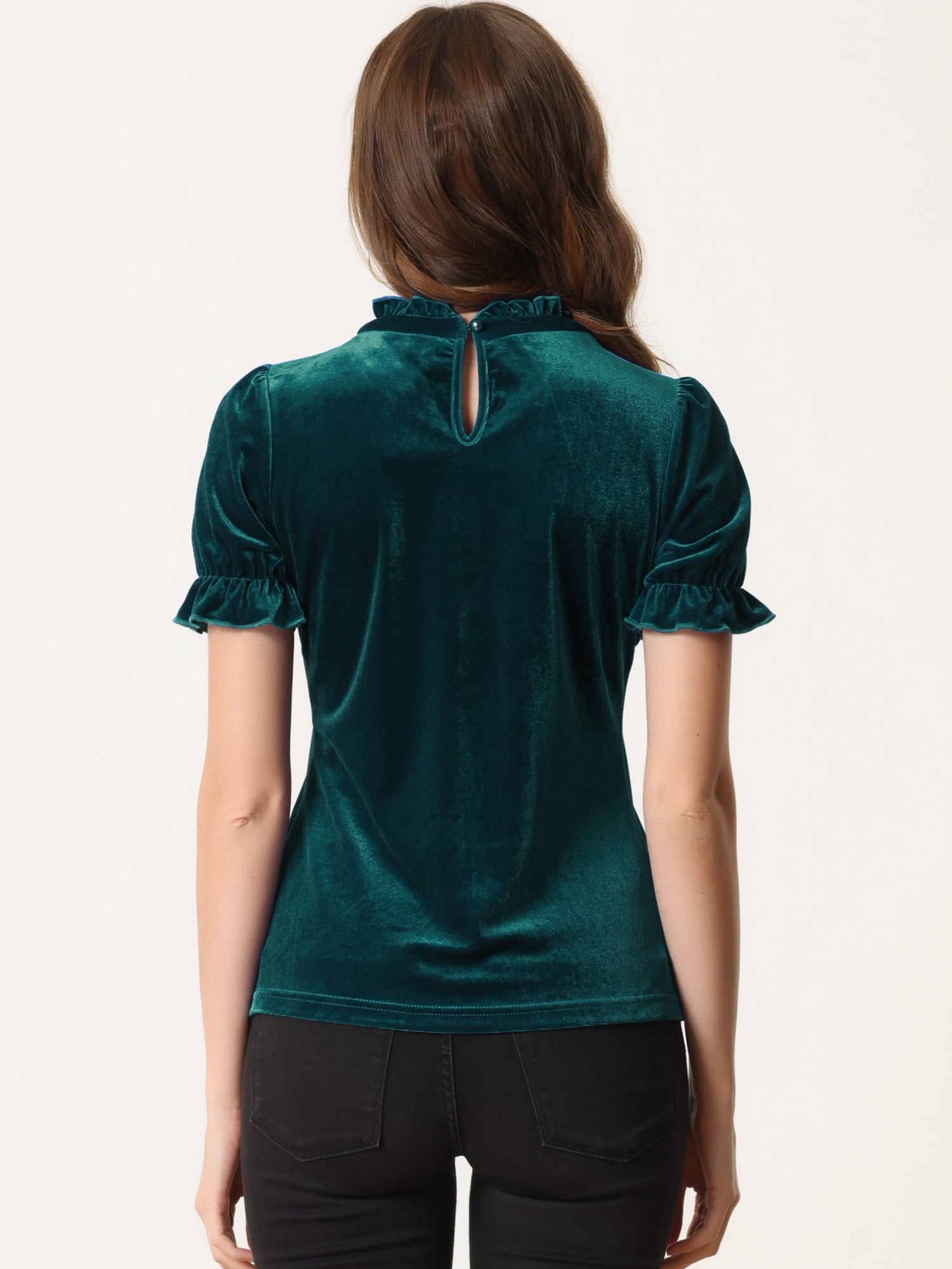 DARING DIVA Women's Ruffle Collar Shirt Velvet Tops Blouse XS Blue Green