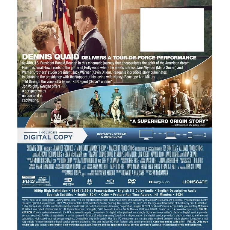 Free Shipping! Lionsgate REAGAN Blu-ray DVD Digital Drama