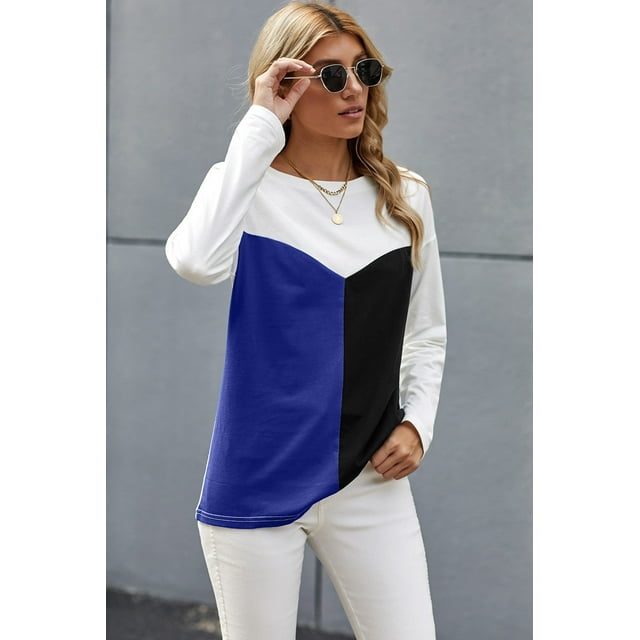 ABPHQTO Blusa de mujer con cuello redondo y empalme de bloques de color azul