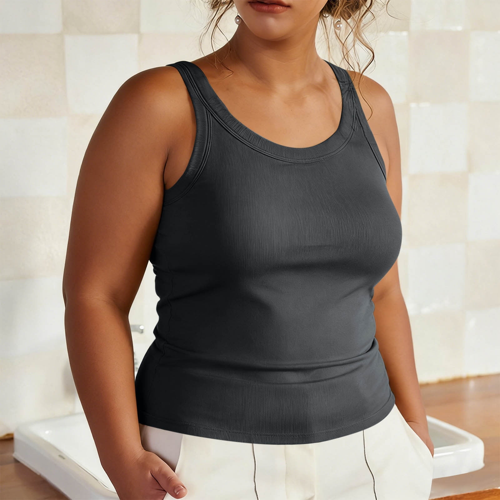 ylioge Womens Plus Size Tank Tops Built in Bras L-5X Sleeveless Crewneck Camisoles Pullover Stretchy Slim Solid Color Basic Loungewear Workout Vests