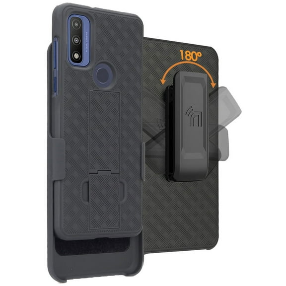 Nakedcellphone Case with Clip for Motorola Moto G Pure (2021), Slim Hard Shell Phone Cover with Kickstand and [Rotating/Ratchet] Belt Hip Holster Combination - Black Tread