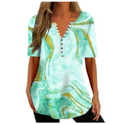 Yyeselk Work Blouses for Women Fashion 2023 Short Sleeves Button up V-Neck Shirts Trendy Lovely Marble Print Summer Ladies Tunic Tops Green XXXL
