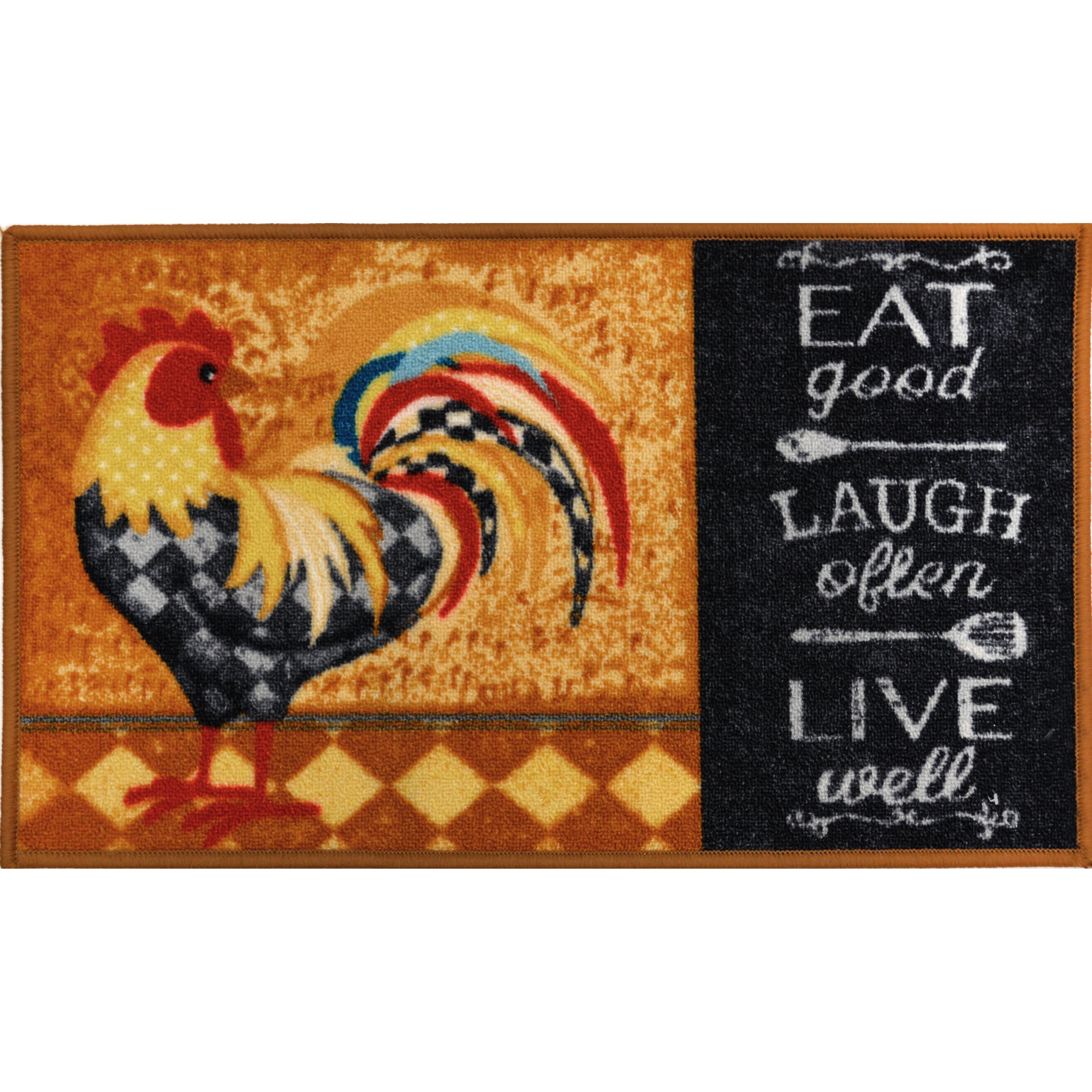 ROOSTER,EAT GOOD LAUGH OFTEN LIVE WELL nonskid HD PRINTED NYLON RUG 18"x30" 