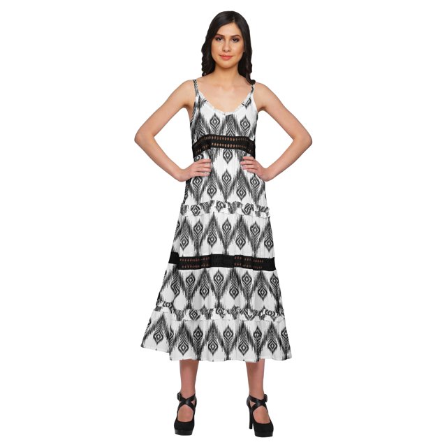 Moomaya Robe Longue Maxi Imprimée pour Femmes Sans Manches à Col en V Décontractée Évasée Kurta
