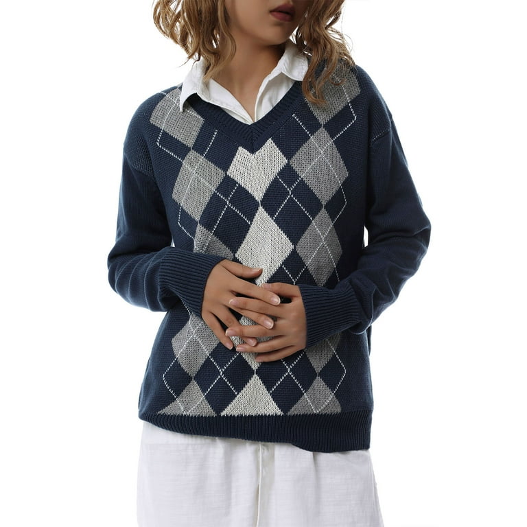 Women Argyle Plaid Sweater Pullover Long Sleeve Preppy England