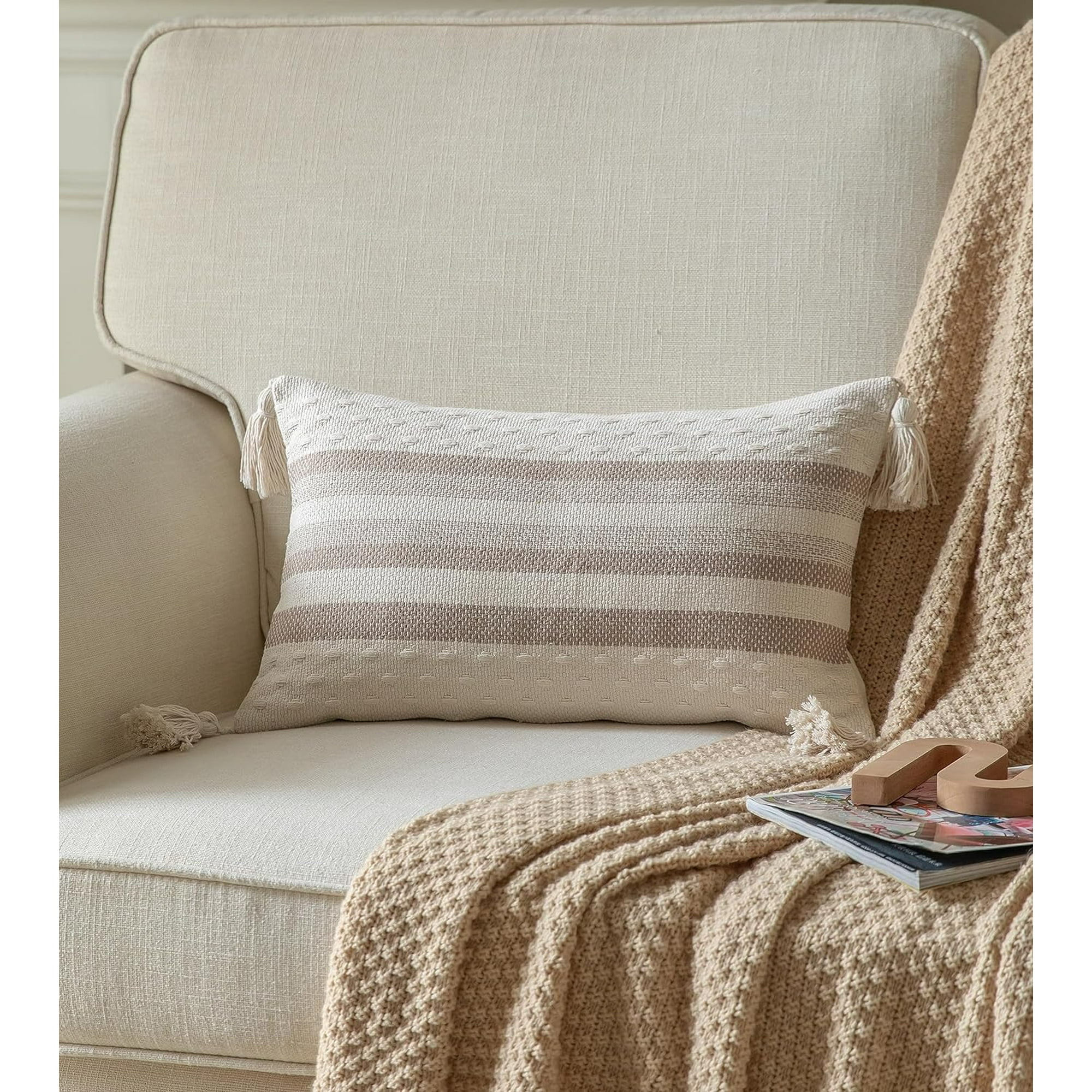 Throw Pillow Covers 30x50cm Decorative Pillows for Bed Neutral Lumbar Pillows Cover with Tassels for Modern Farmhouse Couch Sofa Living Room Outdoor Cushion Pack of 1 Beige with Taup Walmart