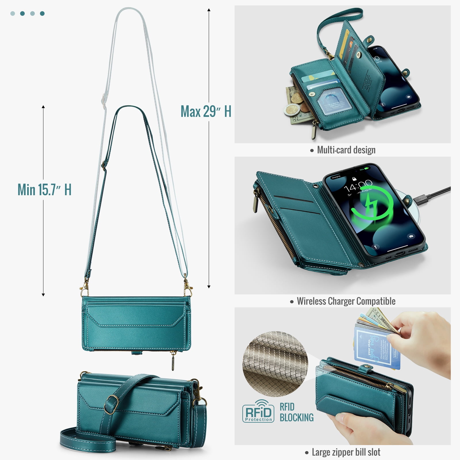 Asuwish Compatible with iPhone 15 Pro 6.1 inch Zipper Wallet Phone Case Tempered Glass Screen Protector Crossbody Lanyard Strap Flip Card Holder Slot Cell Cover for i Phone15 i15 15Pro Women Green
