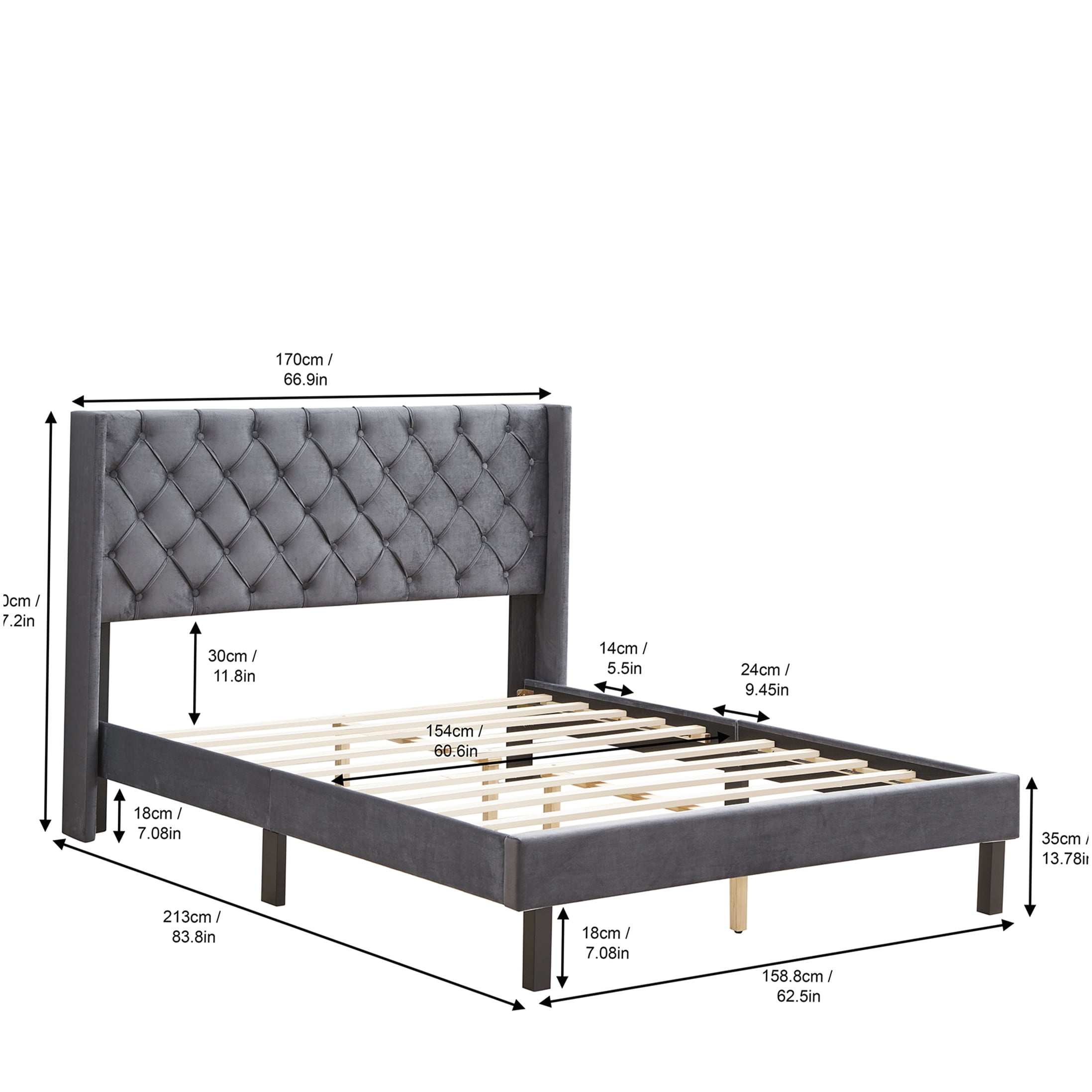Modern Velvet Upholstered Queen Bed Frame with Wingback Headboard, Charcoal Gray, No Box Spring Needed