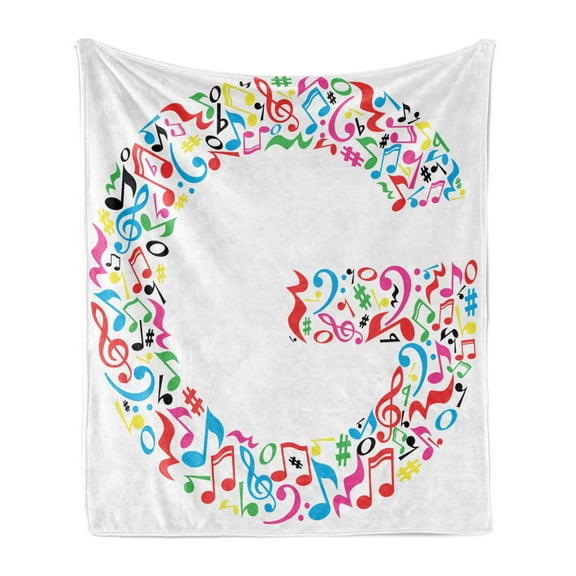 Letter G Soft Flannel Fleece Blanket, Majuscule G and Music Inspired Theme Colorful Musical Notes Alphabet Artwork Print, Cozy Plush for Indoor and Outdoor Use, 50" x 60", Multicolor, by Ambesonne