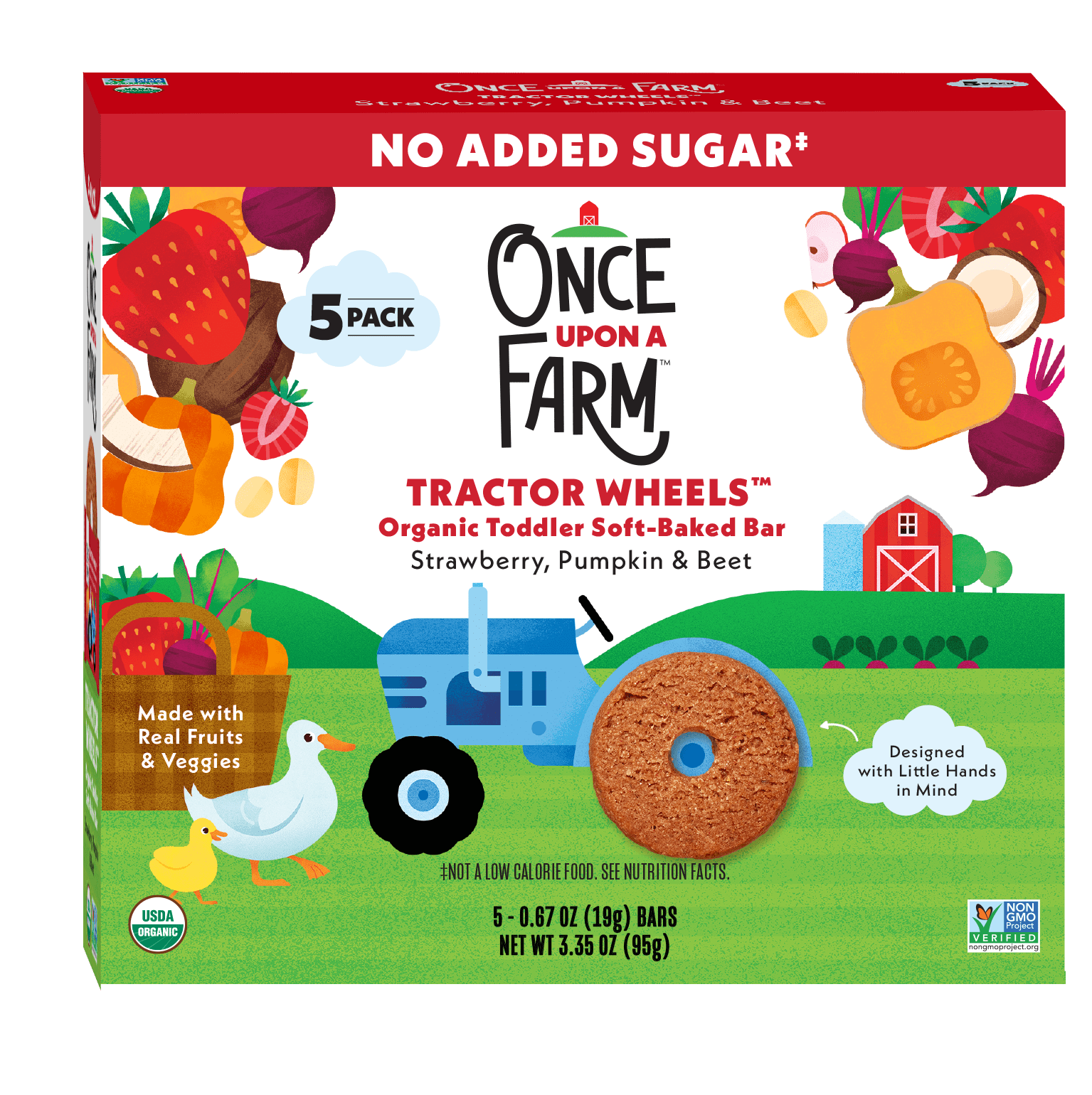 Once Upon a Farm Organic Tractor Wheels Toddler Bar, Strawberry, Pumpkin & Beet, 5ct