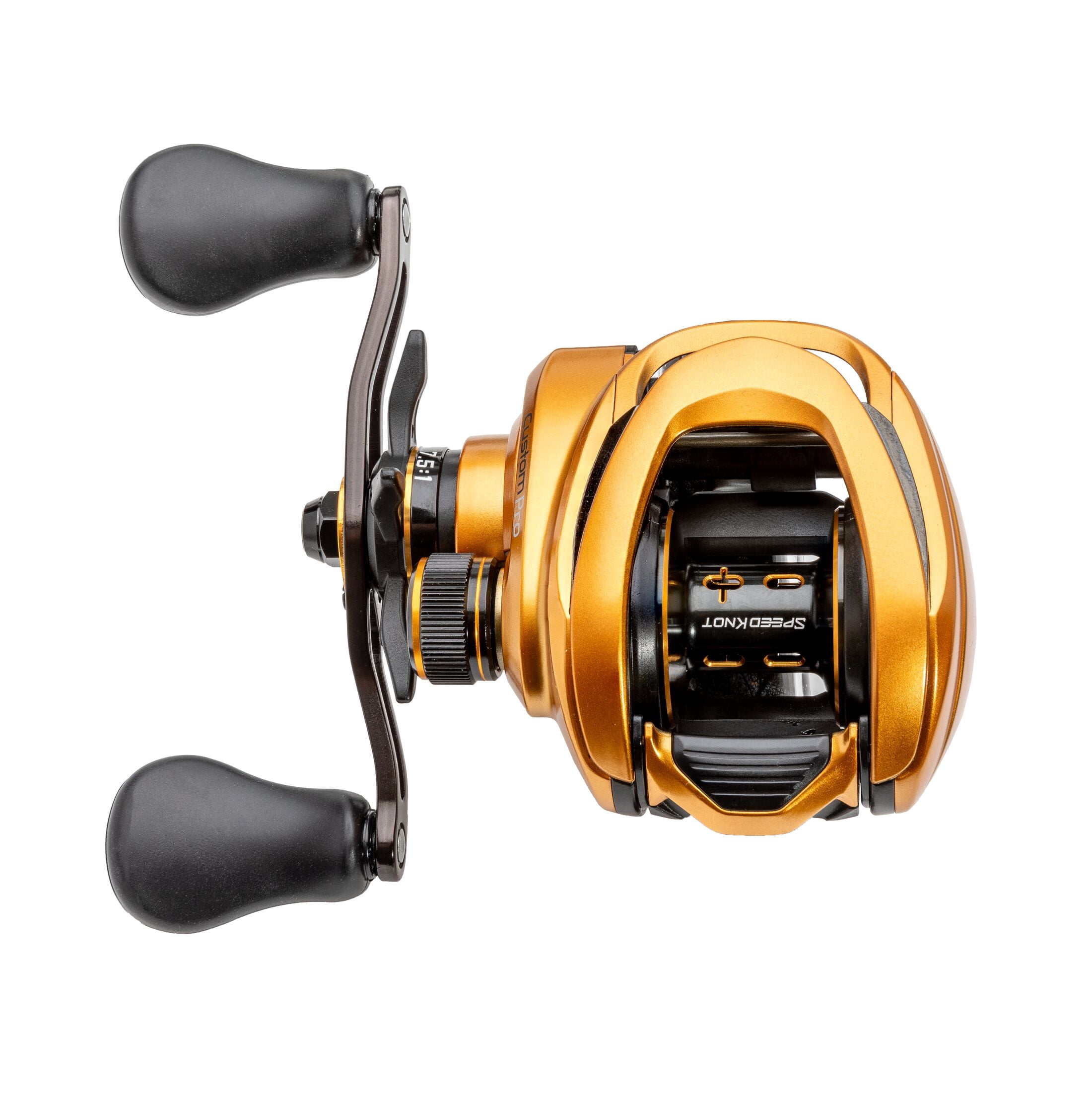 Lew’s Custom Pro Baitcast Fishing Reel, 10+1 Bearings, 7.5:1 Gear Ratio, Aluminum Frame and Sideplate, ParaMag ITB Brake, Aluminum Speed Gears, Carbon Fiber Drag, Left-Hand Retrieve, Gold/Black