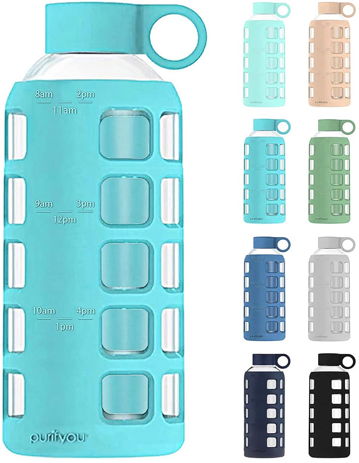 Purifyou Premium 40/32 / 22/12 oz Glass Water Bottles with Volume & Times to Drink, Silicone Sleeve & Stainless Steel Lid Insert, Reusable Bottle