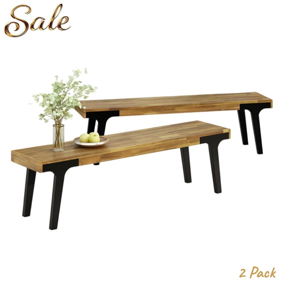 GZXS 63" Wood Dining Benches Set of 2, Outdoor/Indoor Slatted Benches with Powder-Coated Metal Legs, Weather-Resistant for Patio, Deck, Balcony, Living Room (Teak)