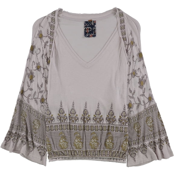 FREE PEOPLE Womens Purple Printed Bell Sleeve Knit Bell Sleeve V Neck Top XS