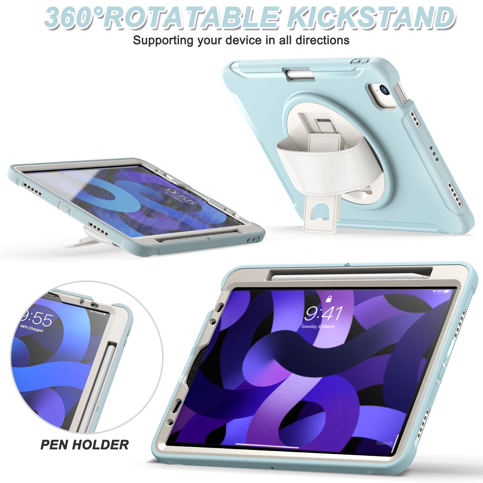 For iPad Air 11 Inch 2026/2025/2024 Case with Pencil Holder, Military Grade Shockproof Kickstand Handle Strap Anti-Scratch Kids Friendly Bumper Tablet Case Cover for Apple iPad Air 11" M4 M3 M2