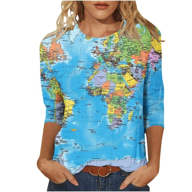 Wanfds Multicolor Ladies Tops 2025 Casual Round Neck Three-Quarter Sleeve Top S