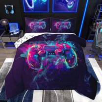 jejeloiu Graffiti Console Game Queen Comforter Set,Watercolor Splatter Ink Bedding Sets,Multicolor Gamepad Bedding Comforter Set For Boys Teens,Super Cozy Room Decor Reversible,3pcs