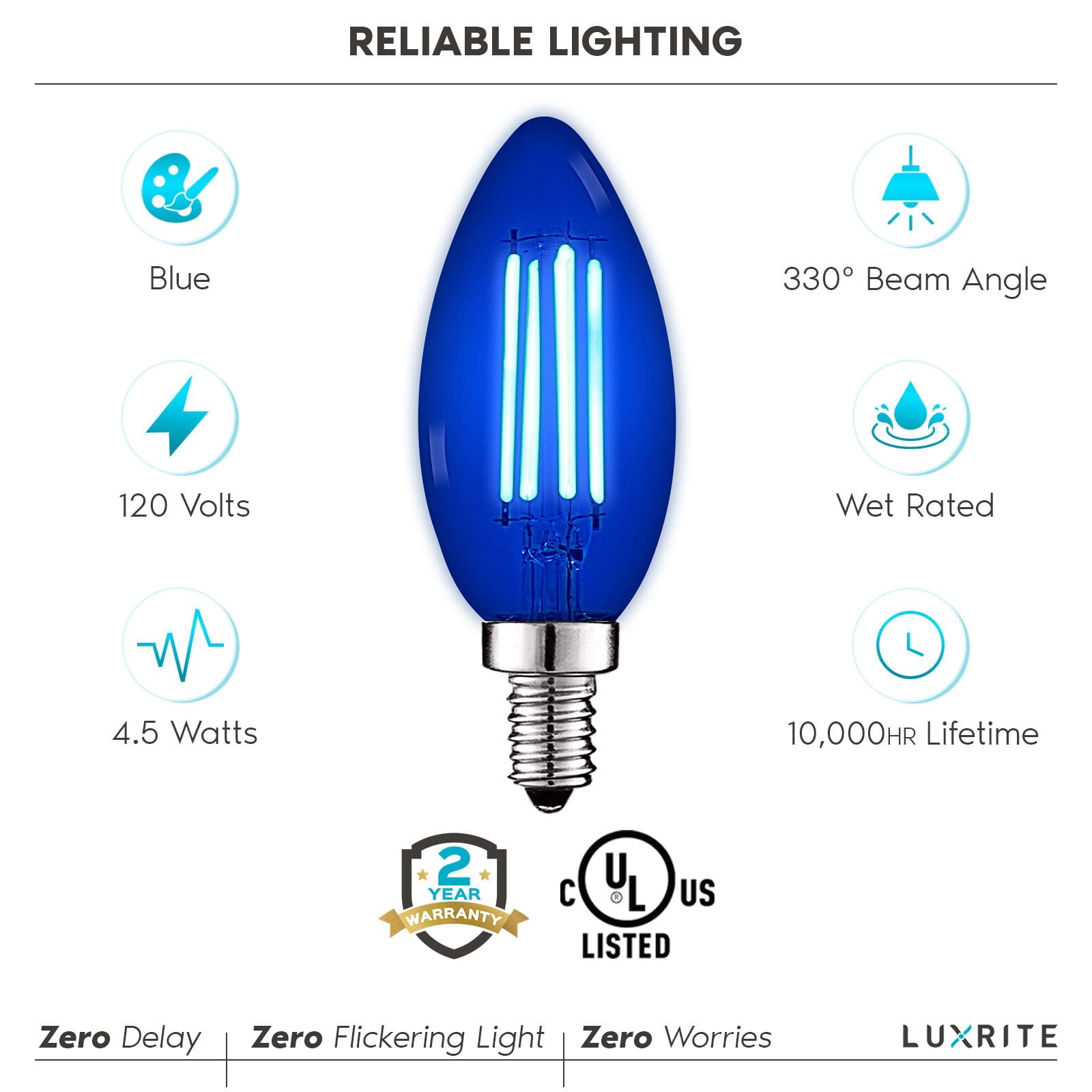 Luxrite E12 LED Filament Blue Light Bulb, 4.5W=40W, Colored Glass Candelabra Bulb, UL, E12, Decoration, Party 6 Pack
