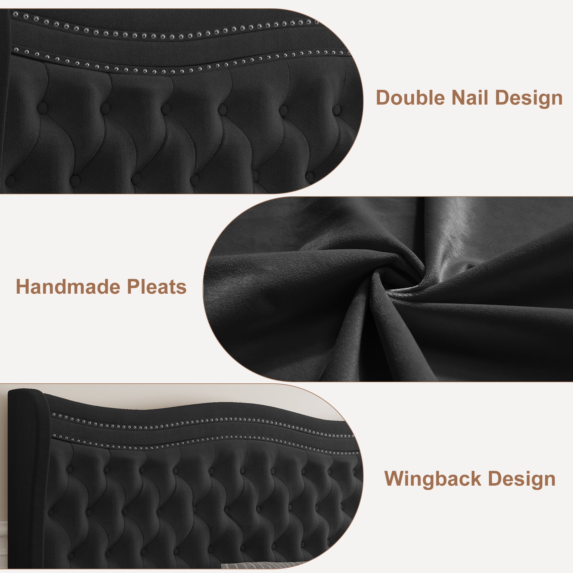 Miniyam Velvet Queen Size Bed with Button-Tufted Wingback Headboard for Adult, Black