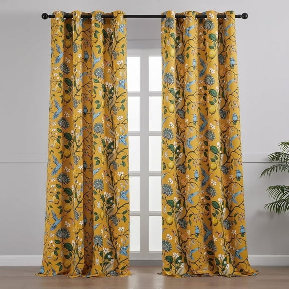 JJCOITR Mustard Yellow Vintage Curtains Drapes Grommet Luxury Whimsical Floral Lemon Hummingbird Mid Century Colorful Blackout Drapes for Living Room Bedroom,1 Panels, 52"x84"