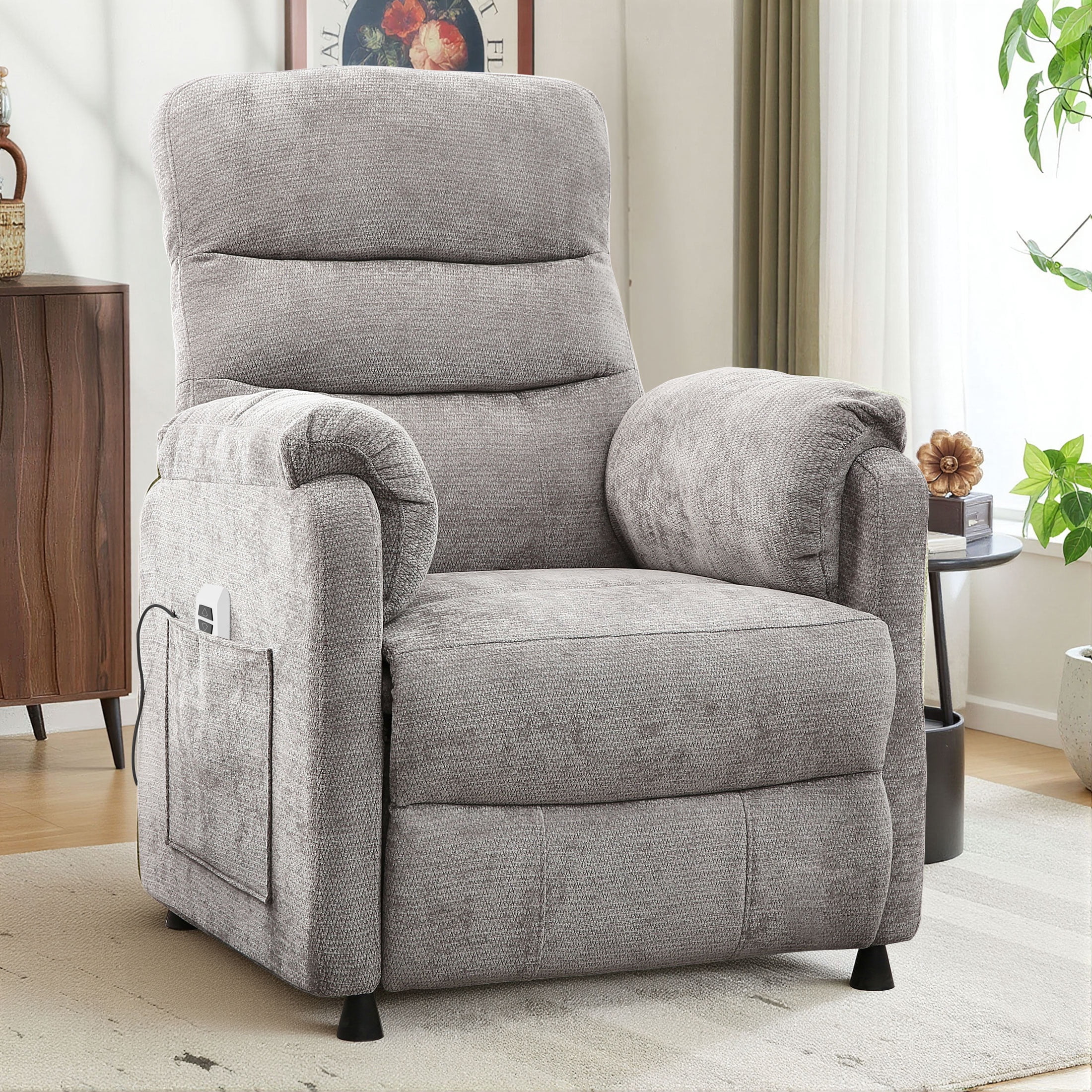 Power Recliner Chair, Holaki Electric Power Recliner with Side Pocket and Remote, Modern Chenille Fabric Recliner Chairs for Adults, Small Recliner for Small Space Nursery Living Room, Grey