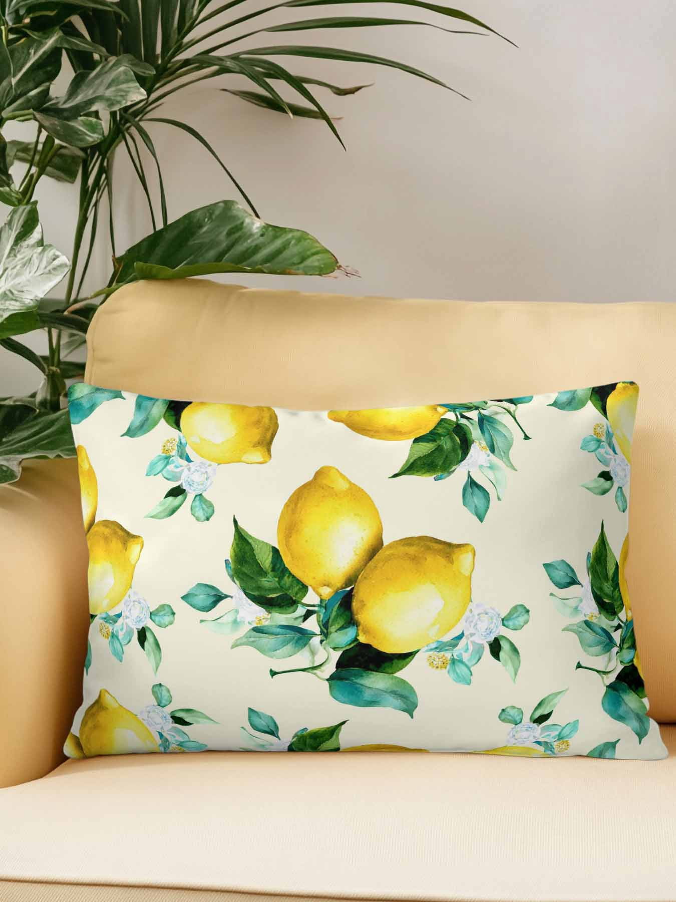 1 Pack Outdoor Throw Pillow, Yellow Lemon Waterproof Pillow with Insert Included, Watercolor Green Leaves Fruits Branches Retro Decorative Accent Cushion Lumbar Pillows for Patio Porch, 12 x 20 In