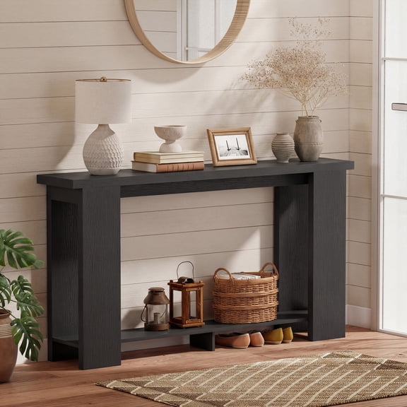HOMCOM Farmhouse Console Table, 63" Narrow Entryway Table with Storage Shelf and Thickened Tabletop for Living Room, Hallway, Distressed Black