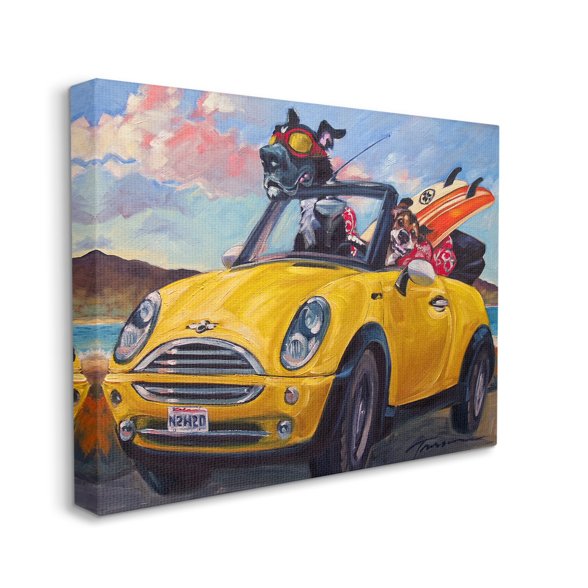 Stupell Industries Pet Dogs Yellow Convertible Surfboard Beach Car, 30 x 24,Design by CR Townsend
