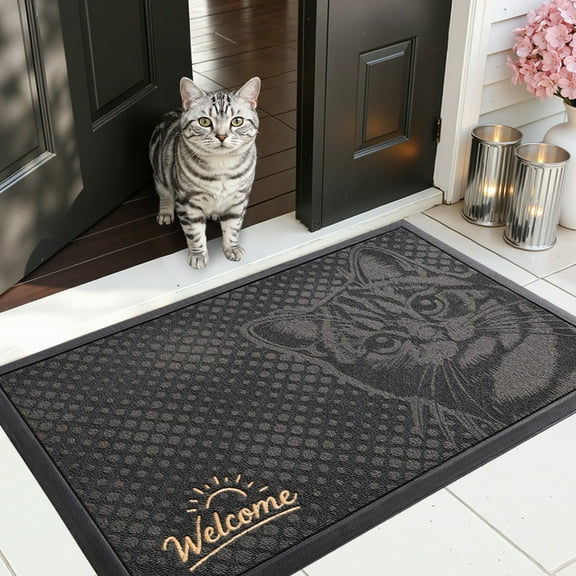 PABUBE Outdoor Doormat,American Shorthair Welcome Mat, Heavy Duty Durable Doormat Outdoor Entrance, Non-Slip Dirt & Mud Trapper Outdoor Mat for Front Doors